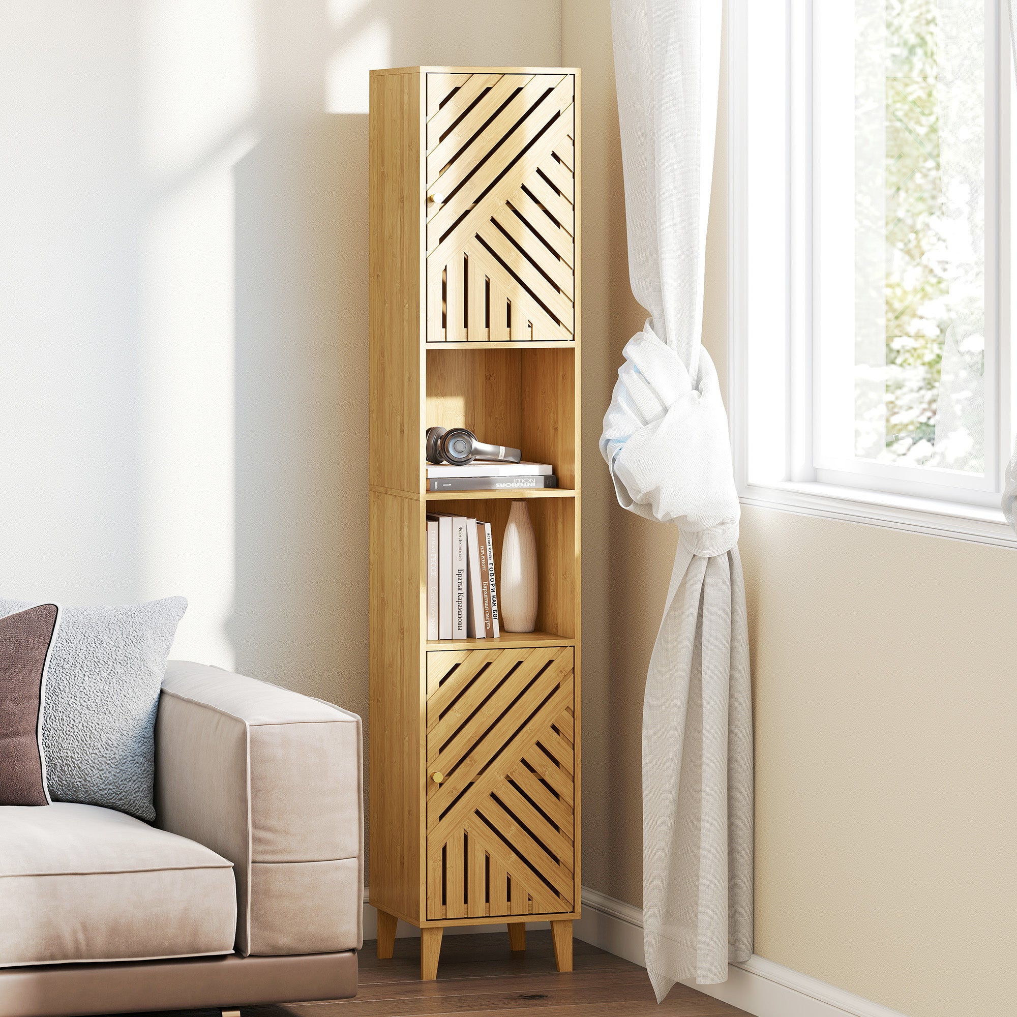 Bathroom Cabinet with 2 Cabinets and 2 Shelves with Adjustable Shelf, in Bamboo and Chipboard, 32x30x170 cm