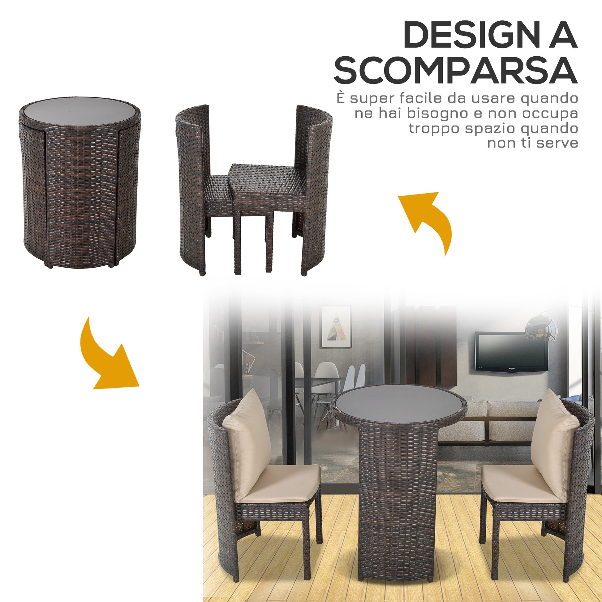 Outsunny set table and garden or outdoor chairs in rattan, set 3 pcs, brown and beige - Borgè