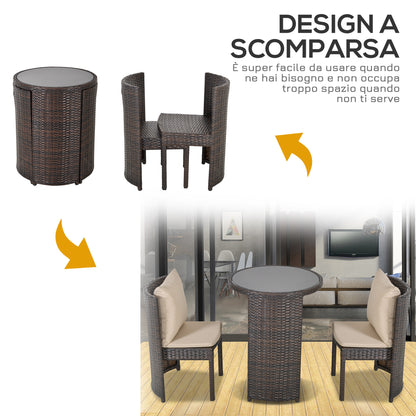 Outsunny set table and garden or outdoor chairs in rattan, set 3 pcs, brown and beige - Borgè