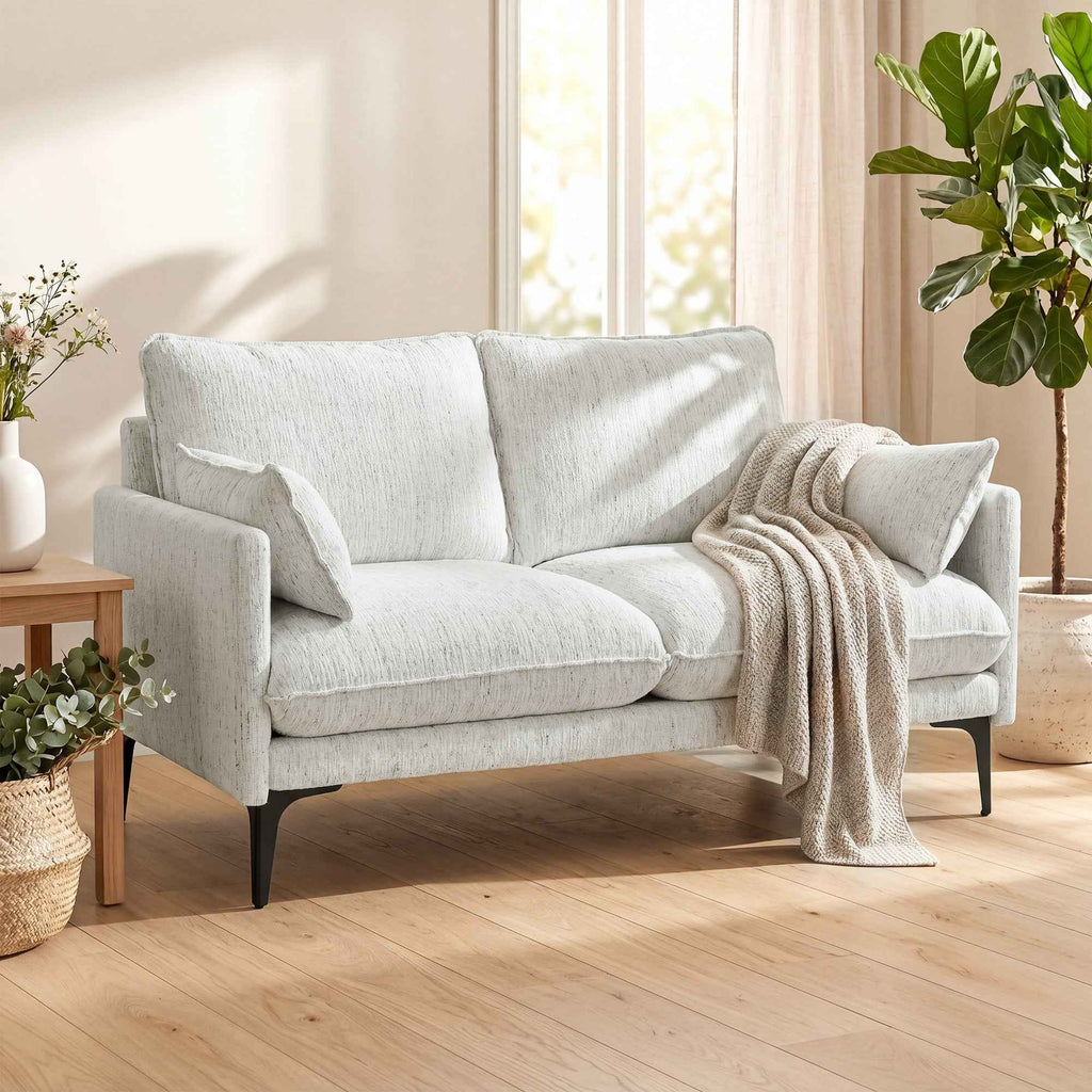 HOMCOM 2-Seater Fabric Sofa with Armrests, Thick Padding and 2 Cushions, 131x78x83 cm, White