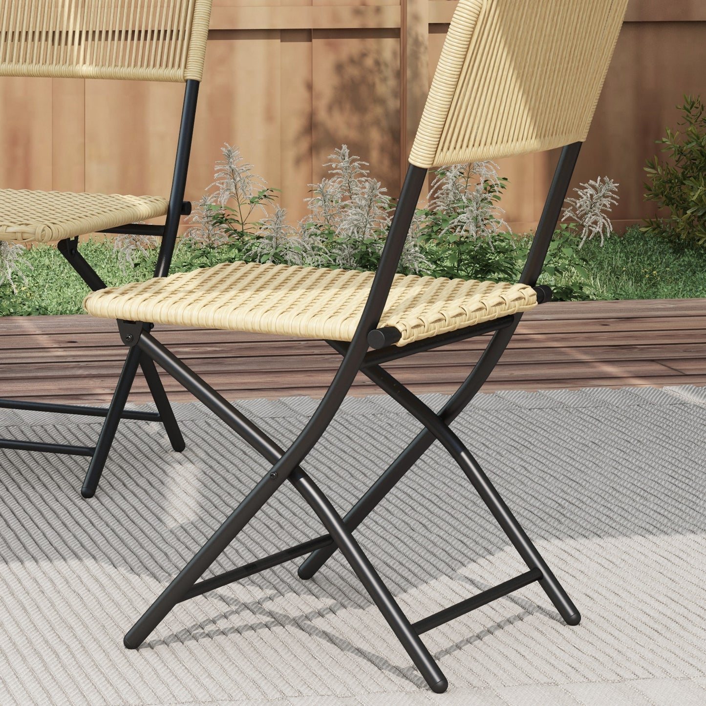 Garden Set in Rattan and Steel, 2 Folding Chairs and Coffee Table, Yellow and Black