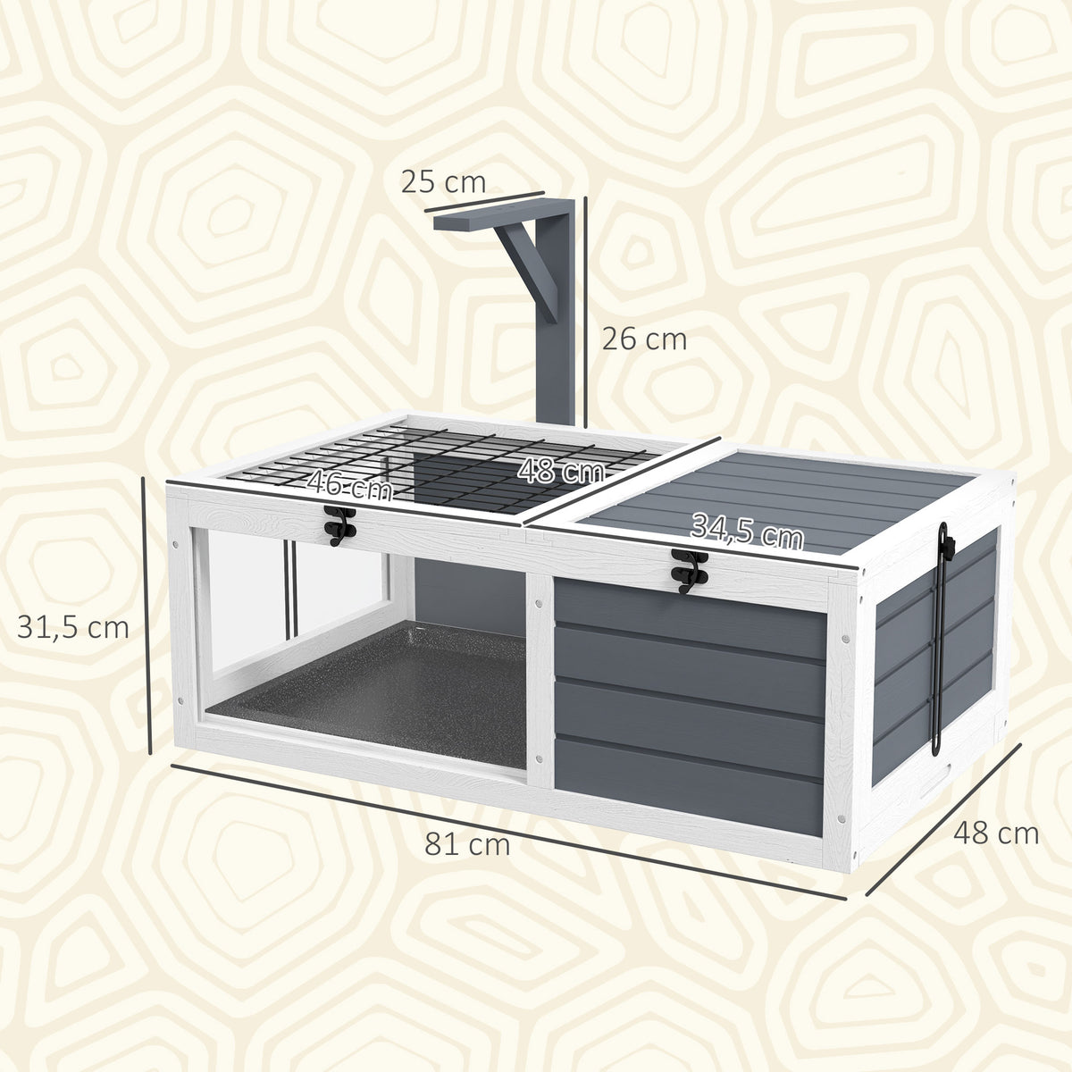 PawHut Turtle House with 2 Opening Lids and 2 Spaces, Made of Fir Wood, Grey
