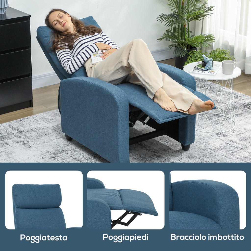 Manually Reclining Relaxing Chair with Footrest and Fabric Upholstery, Blue