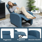 Manually Reclining Relaxing Chair with Footrest and Fabric Upholstery, Blue