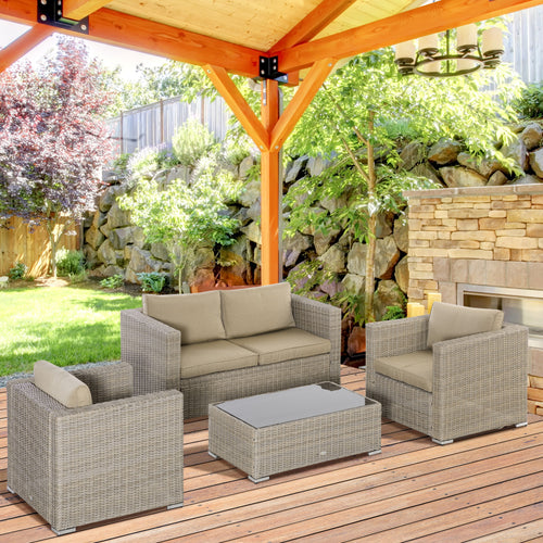 4 Piece Outdoor Rattan Lounge Set with 1 Sofa, 2 Armchairs and 1 Coffee Table, Khaki and Beige