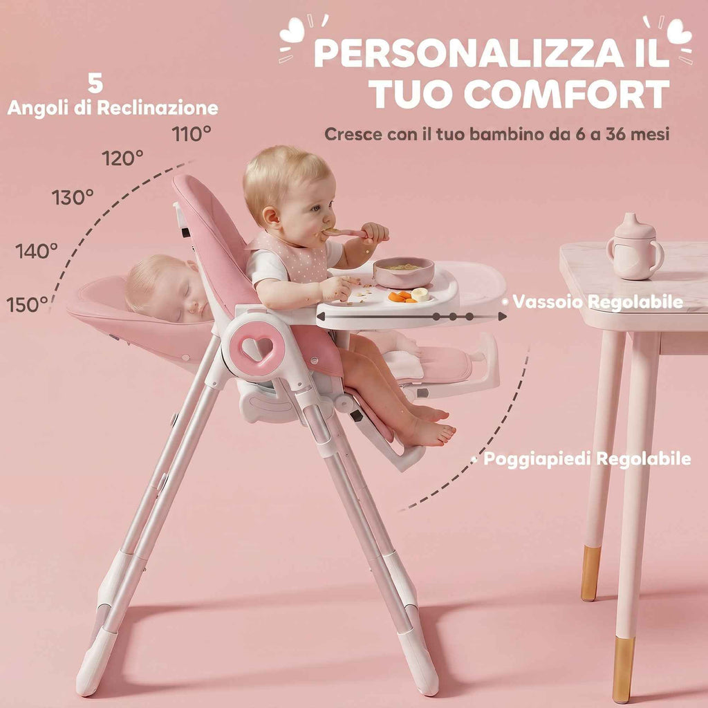 AIYAPLAY Folding High Chair for Babies 6-36 Months with Adjustable Height, Double Washable Tray, Wheels, Pink