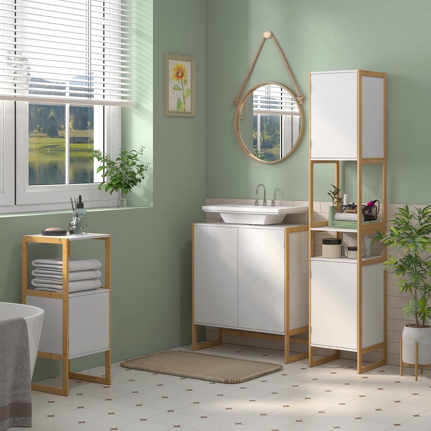 Bathroom Cabinet with Open Shelf and Door with Pressure Opening in Bamboo and MDF, 33x33x80cm, White