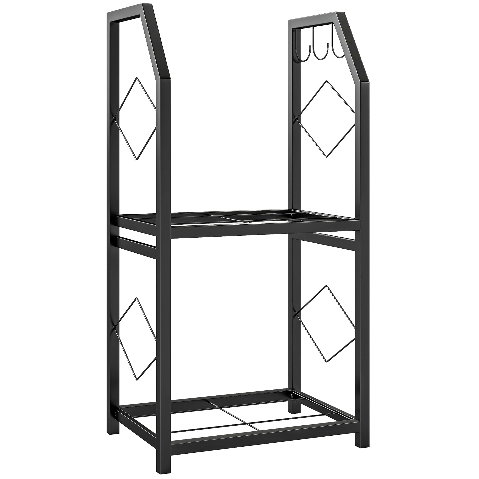 2-Tier Indoor and Outdoor Log Rack with 3 Side Hooks in Steel, 41x30x81 cm, Black