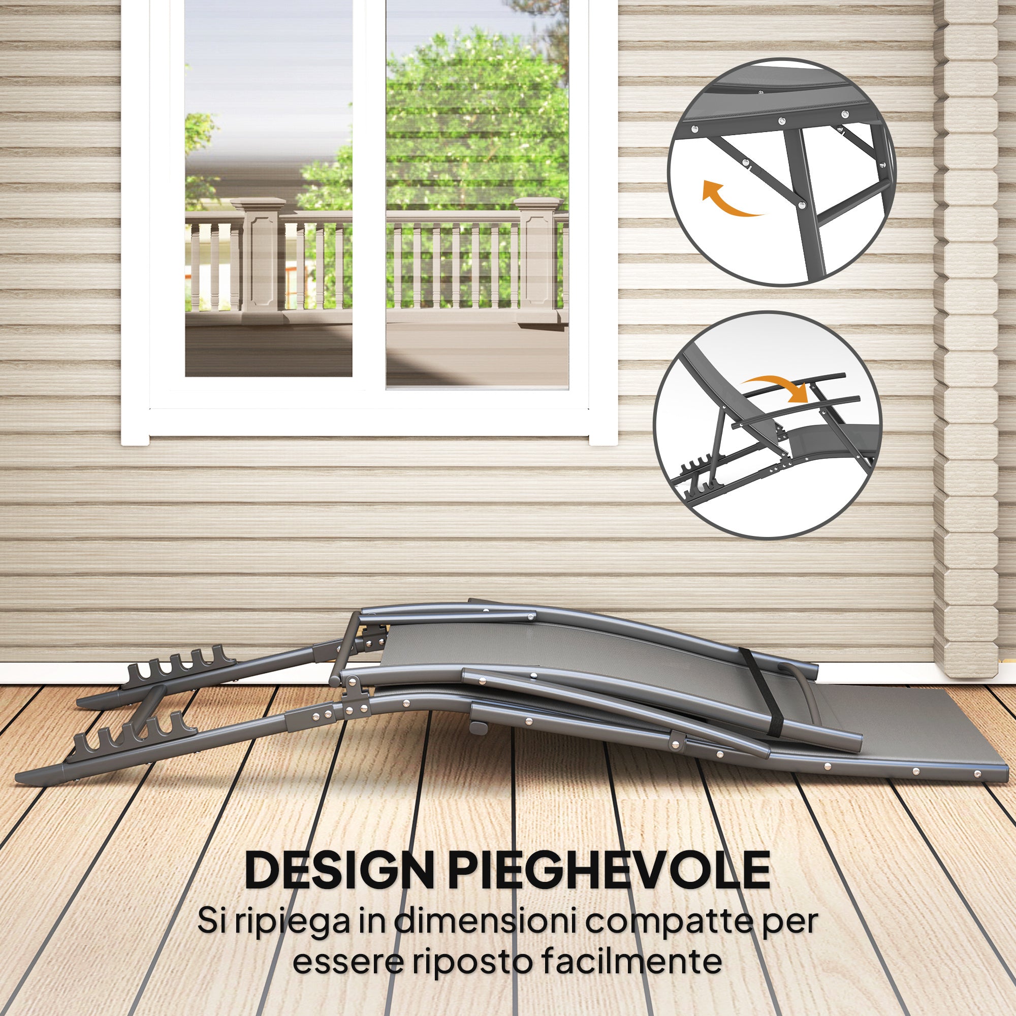 Set of 2 Folding Garden Deckchairs with 4-Level Adjustable Backrest and Cushion, Gray