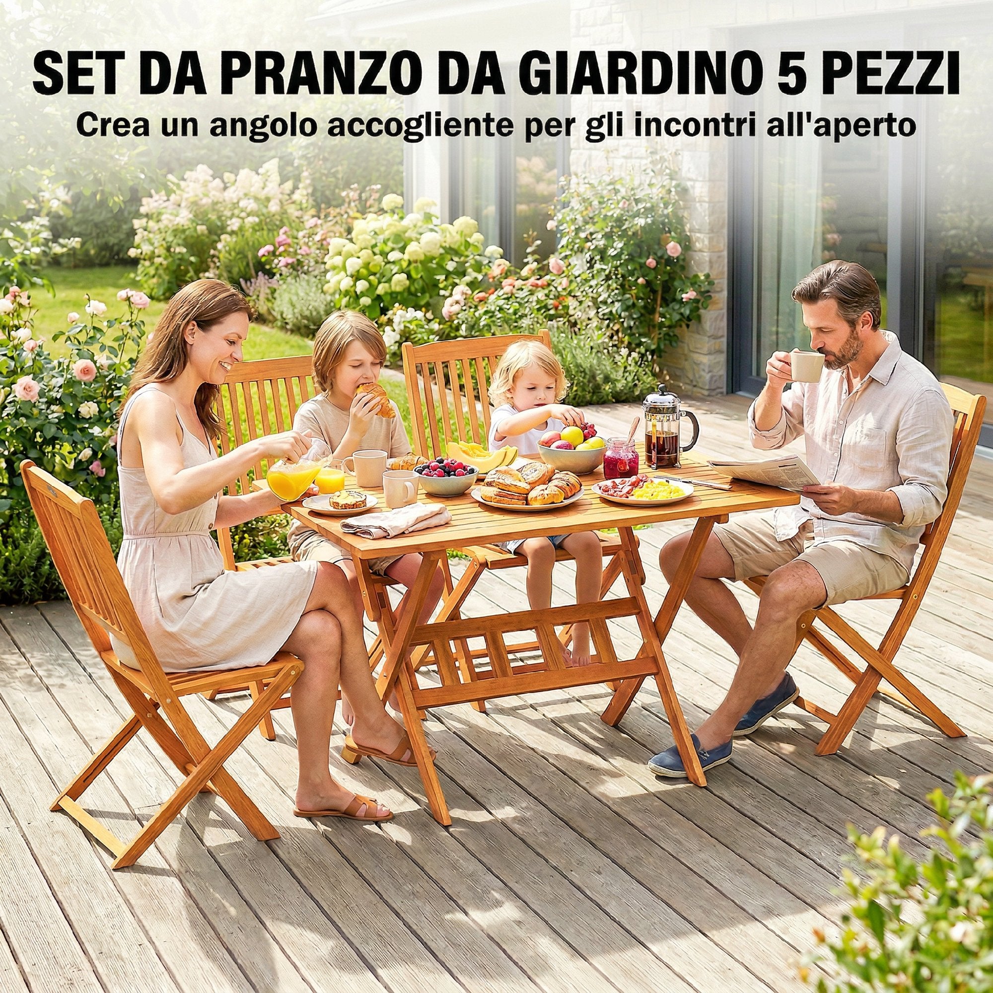 Outsunny 5-Piece Garden Dining Set, Table and 4 Folding Chairs