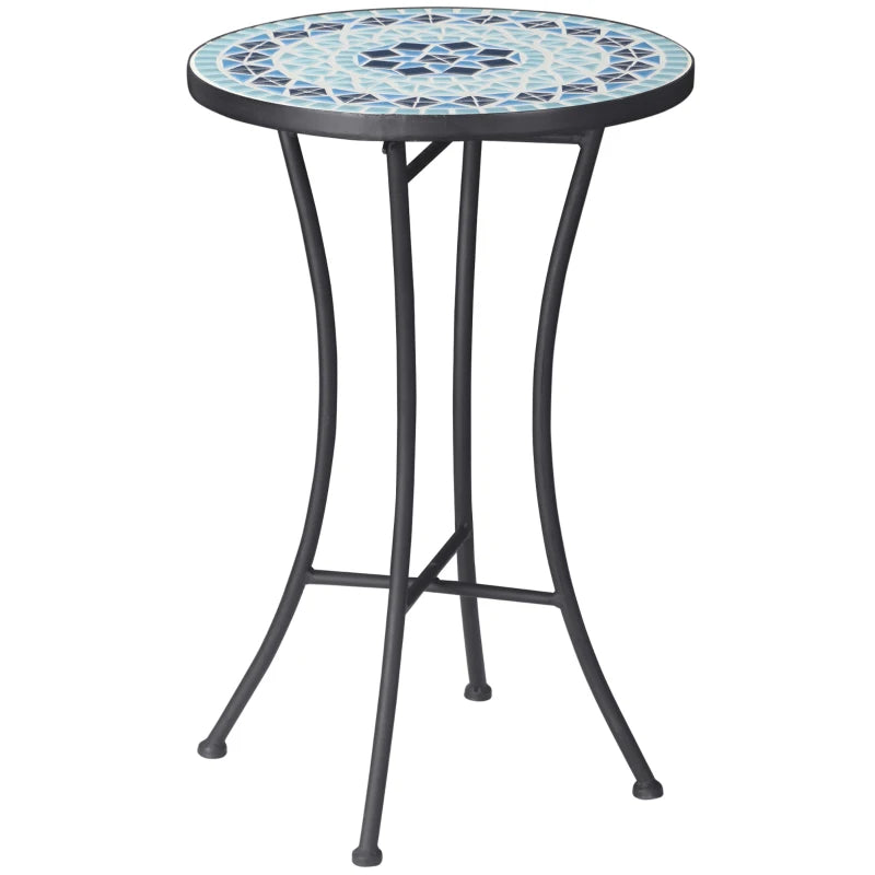 Round Metal Garden Coffee Table with Ceramic Top, Mosaic Design, Ф35.5x53.5cm, Blue - Borge' Group Limited