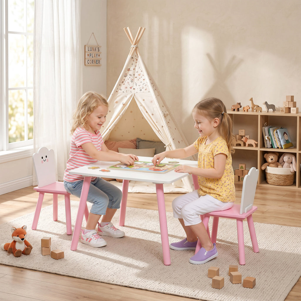 AIYAPLAY Wooden Table and 2 Chairs Set for Children Ages 3-6 with Rounded Corners, Pink