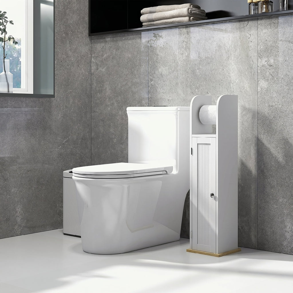 kleankin Narrow Bathroom Cabinet, Space-Saving Bathroom Cabinet with Toilet Paper Holder, Adjustable Shelves, for Laundry Room, Modern, 20x20x80 cm, White