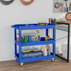 DURHAND 3-Tier Steel Tool Cart with High Edges and 4 Swivel Wheels, 83x35.3x76 cm, Blue