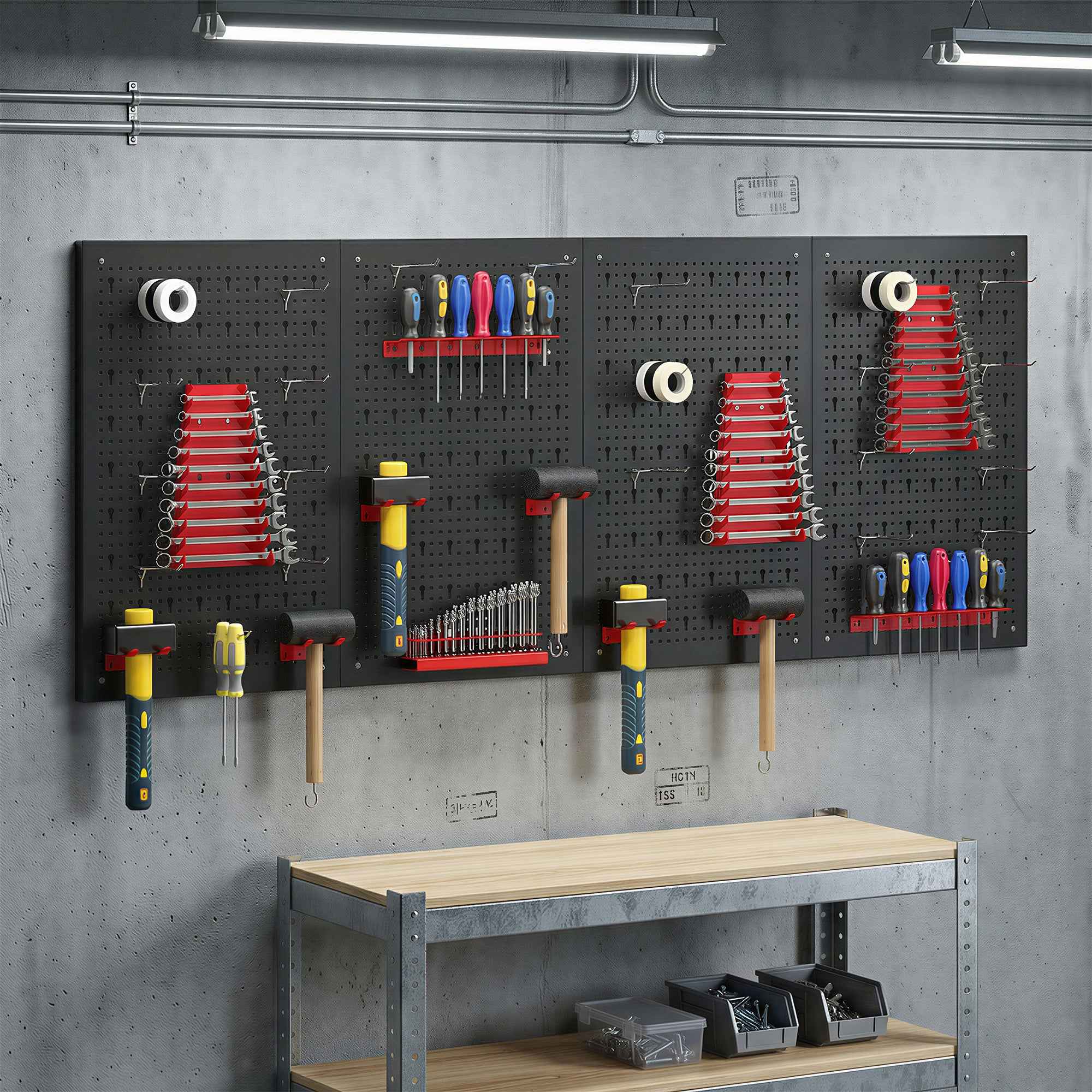 HOMCOM 4-Piece Steel Wall Mounted Tool Rack with 12 Brackets and 22 Hooks, Black and Red