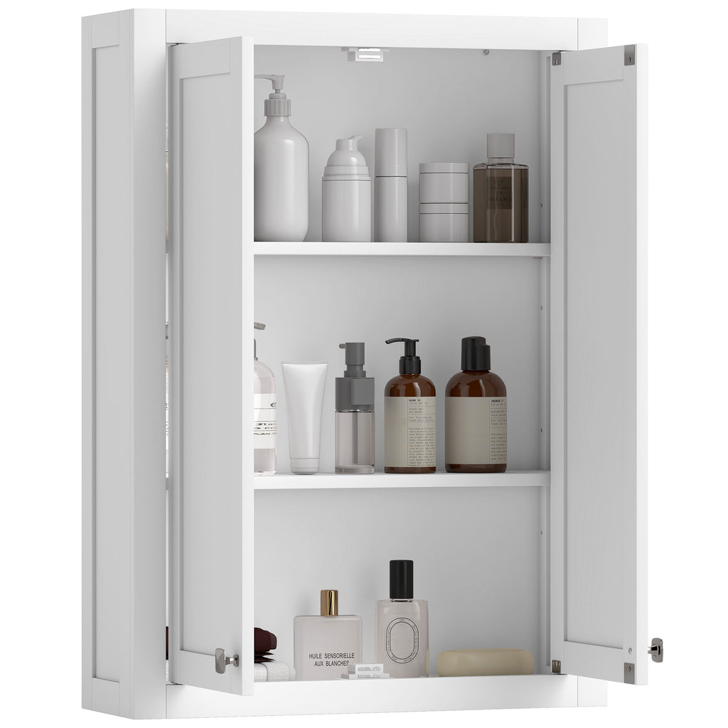 Wall-Mounted Wooden Bathroom Cabinet with 2 Adjustable Shelves on 3 Levels, 61x20x84 cm, White