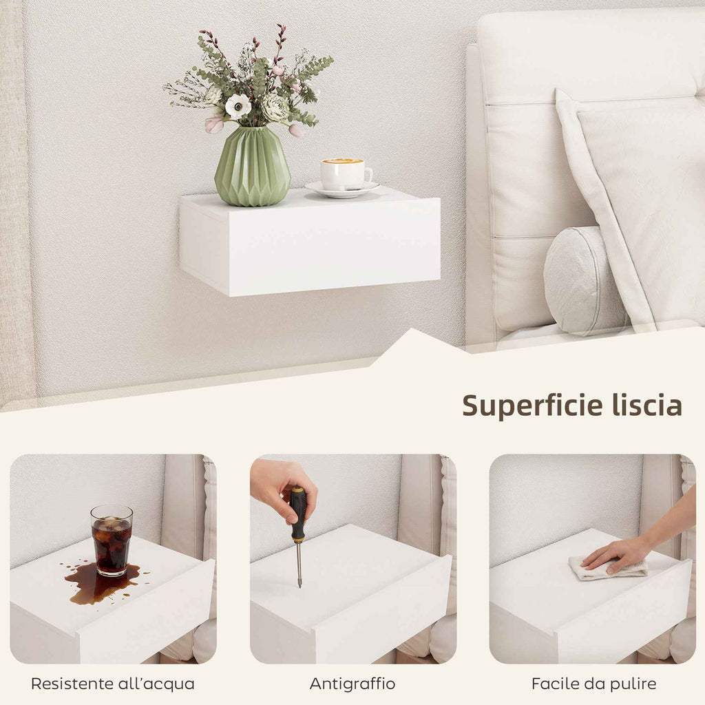 HOMCOM Set of 2 Modern Floating Bedside Tables with Wooden Drawer, 40x30x15cm, White