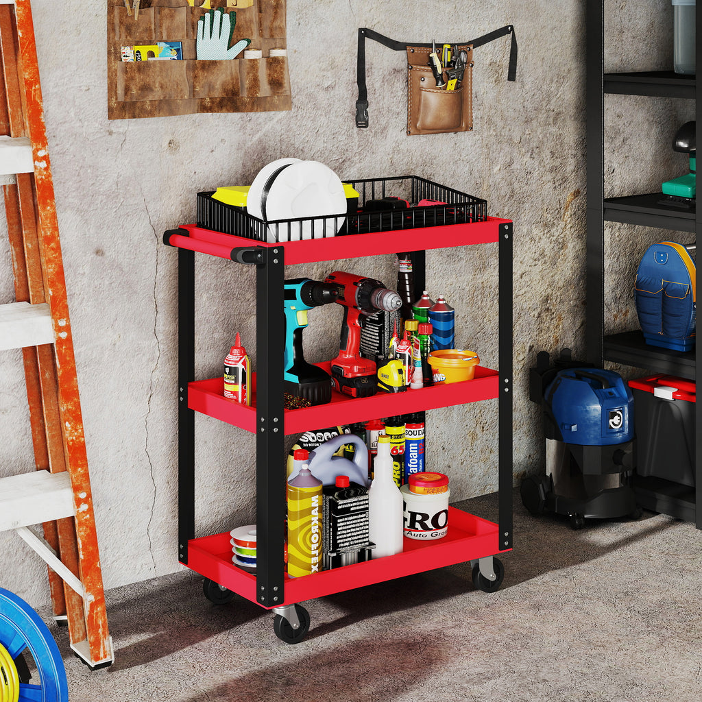 3-Tier Metal and PP Tool Cart, 70.5x35x82.5 cm, Red and Black