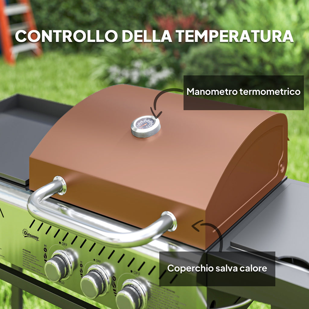 Gas Barbecue with Plate and Burner, Lid with Thermometer and Shelves, Regulator and Tube Included, Black