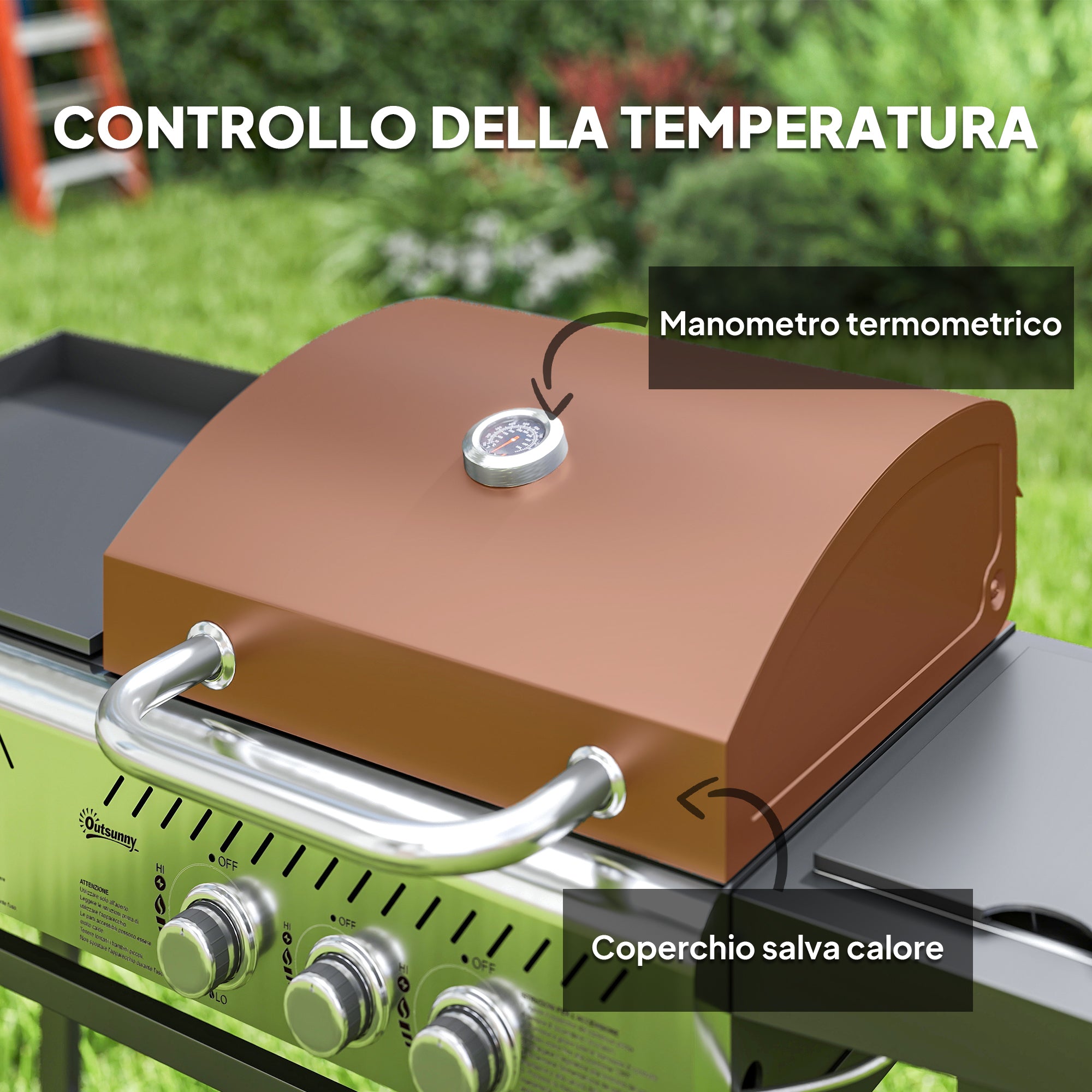 Gas Barbecue with Plate and Burner, Lid with Thermometer and Shelves, Regulator and Tube Included, Black