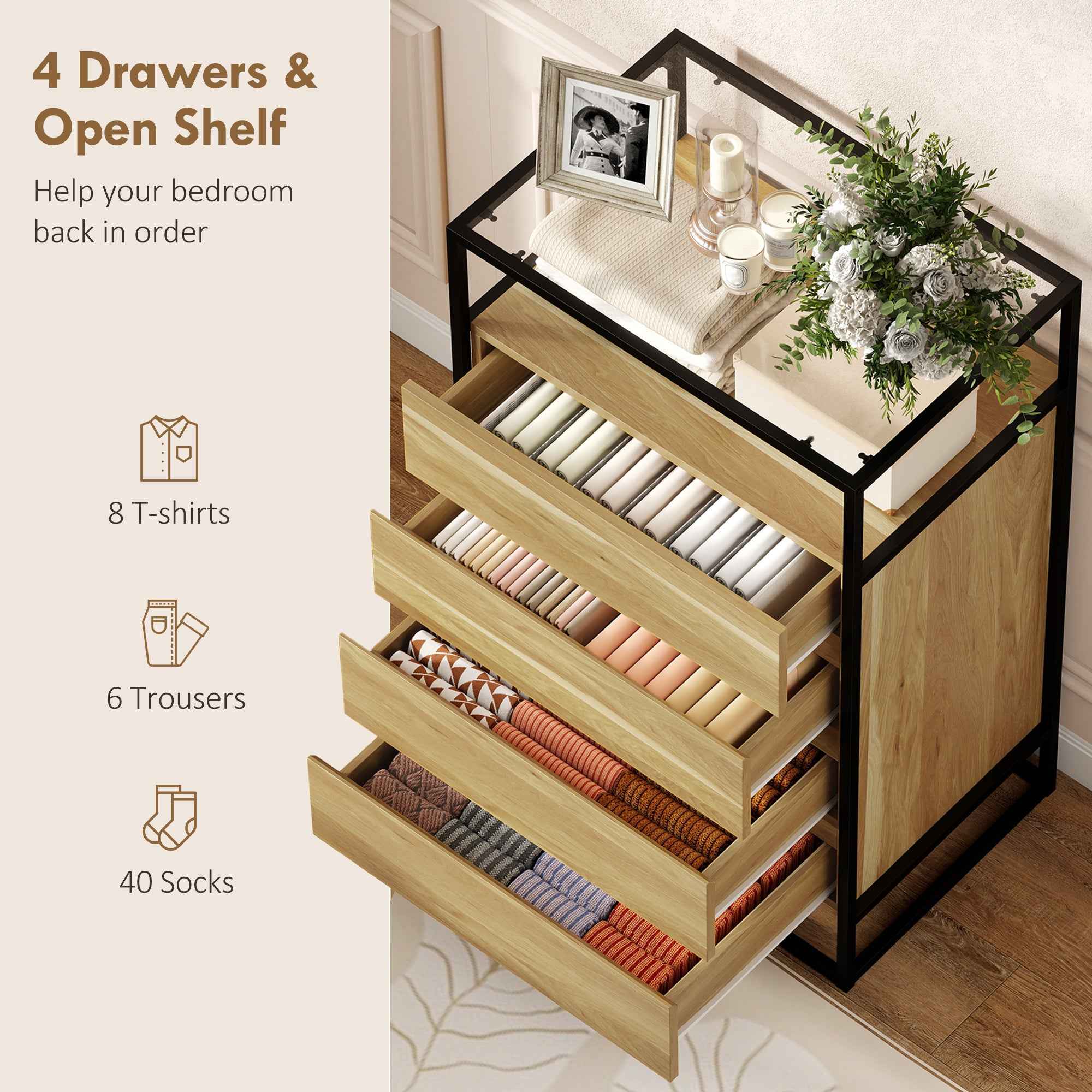 4-Drawer Chest with Open Shelf in Steel and Glass