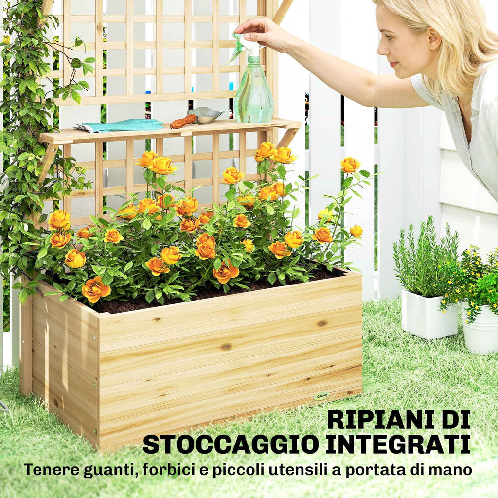 Outsunny Raised Wooden Planter with Trellis, Roof and 2 Shelves, 76x43.5x177 cm, Natural Wood