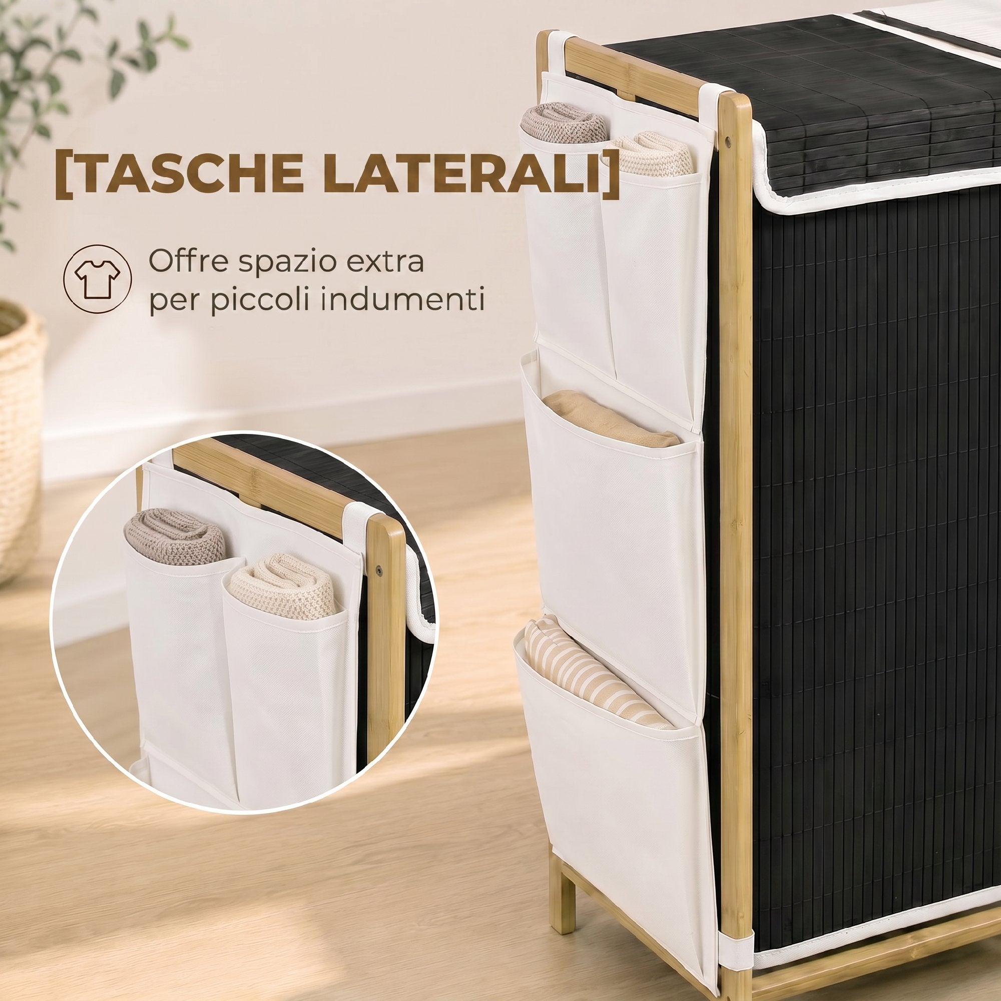 HOMCOM 120L 2-Compartment Laundry Hamper with Lids, Side Pockets, Removable Bags for Bedroom
