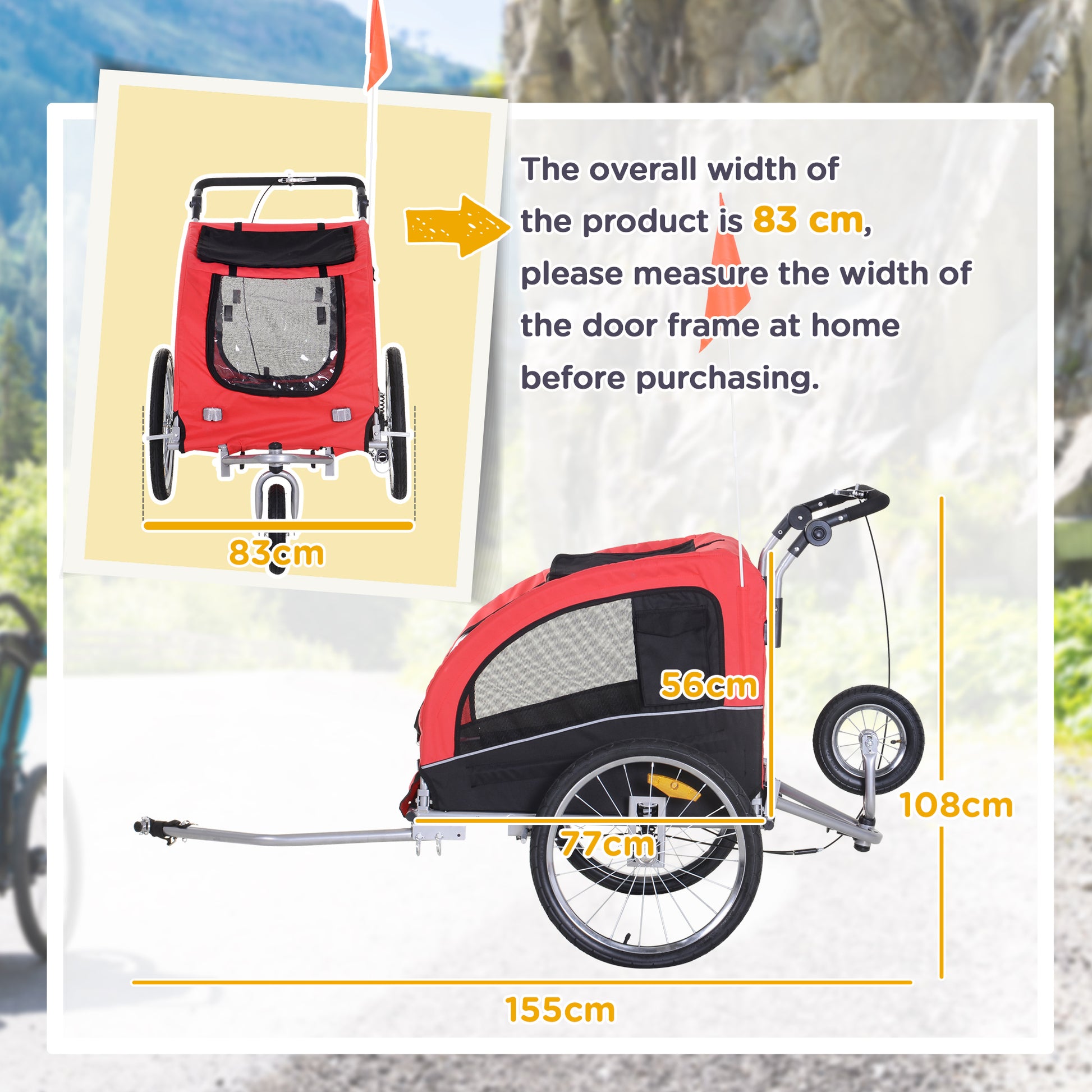 PawHut Bicycle Trailer for Medium Size Dogs with 2 Entrances with Windows and Sunroof, 126-155x83x108 cm, Red - Borgè