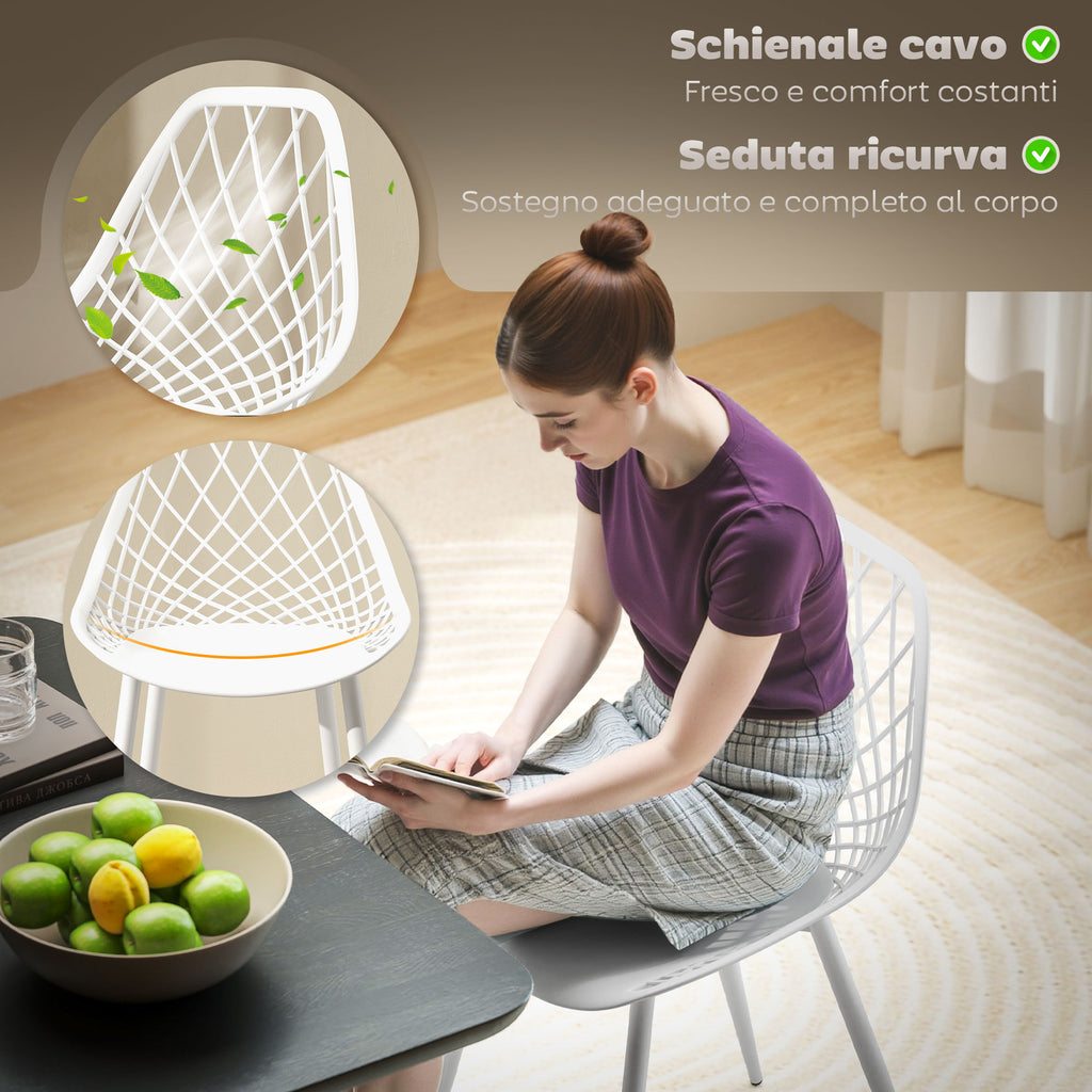 Set of 4 Modern Dining Chairs with Perforated Backrest in Plastic and Metal Legs, White