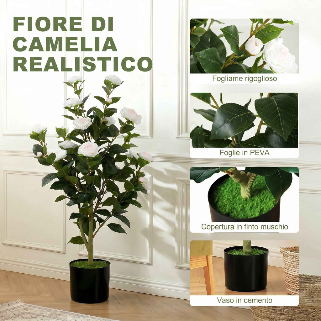 HOMCOM Artificial Camellia Plant with Realistic Flowers, 176 PEVA Leaves and Black Cement-Filled PP Pot, White