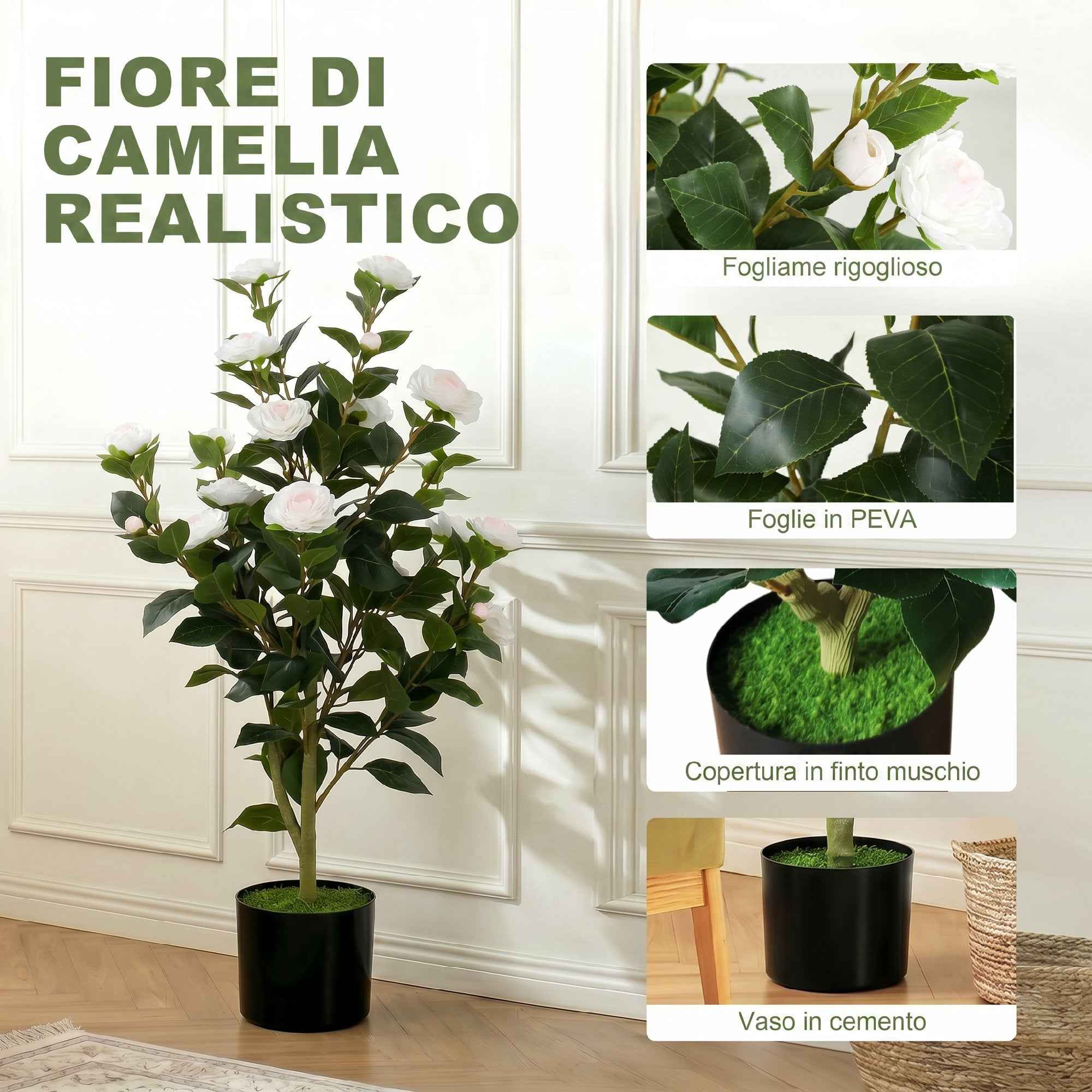 HOMCOM Artificial Camellia Plant with Realistic Flowers, 176 PEVA Leaves and Black Cement-Filled PP Pot, White