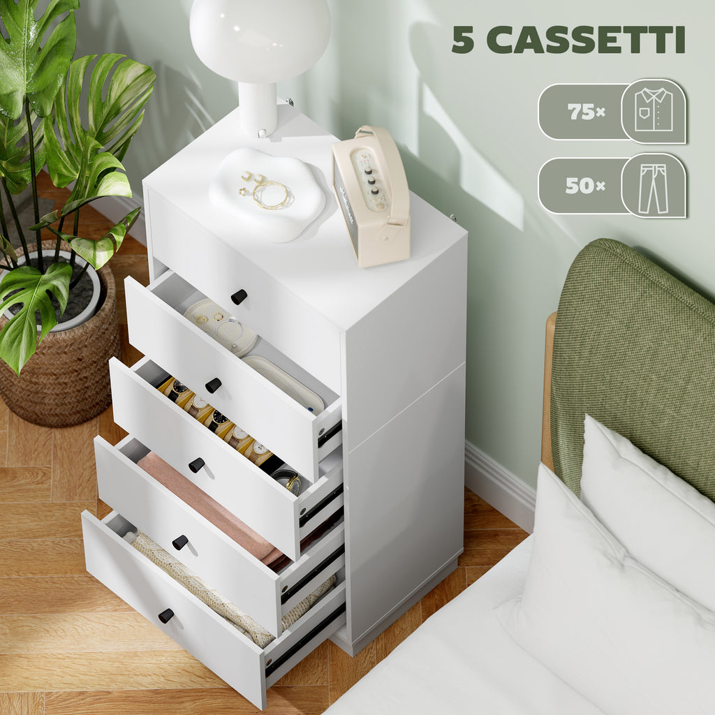 Chest of 5 drawers for modern and space-saving bedroom, 47x29x95 cm, White