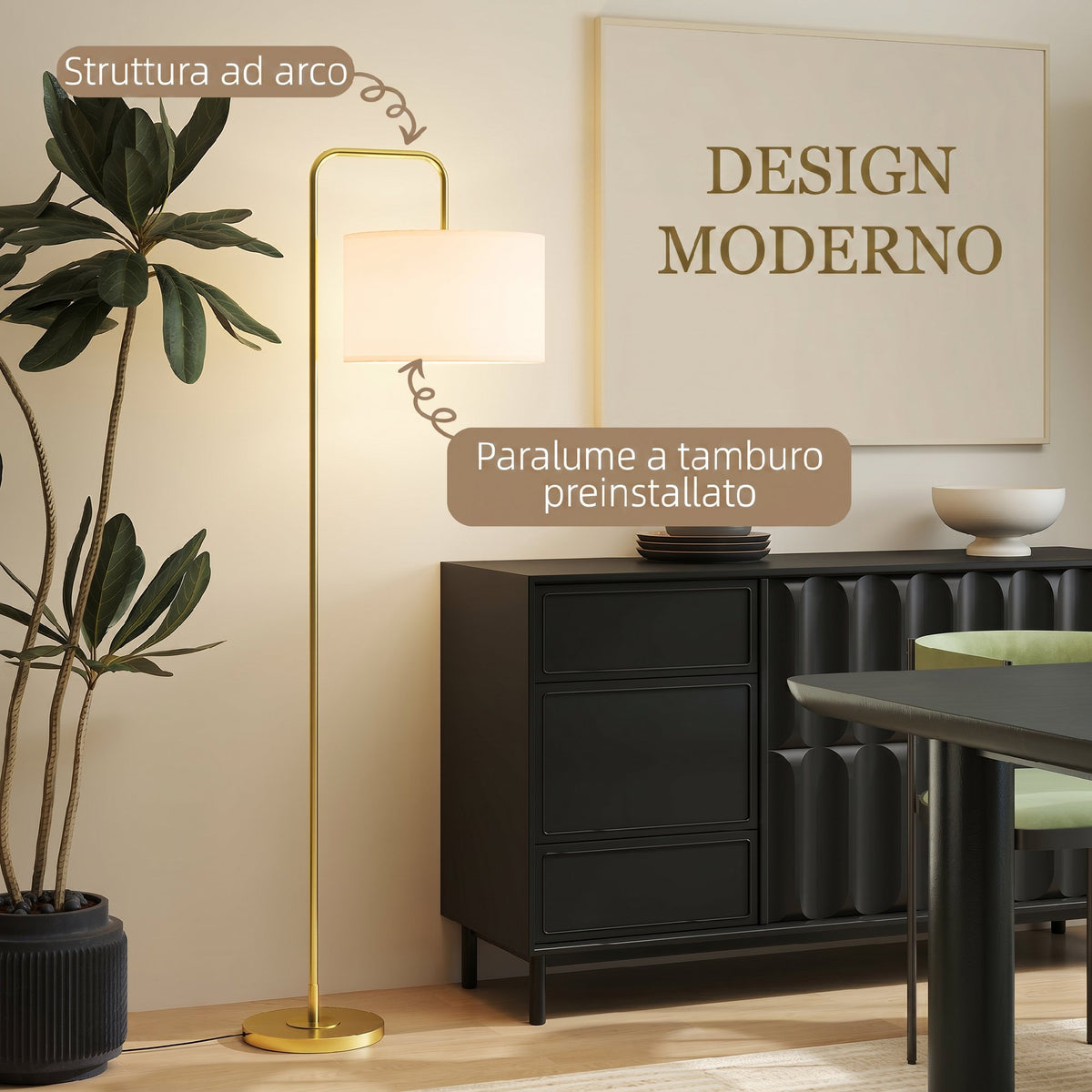 HOMCOM Arched Floor Lamp with Linen-Effect Fabric Shade and Steel Foot Switch, Gold