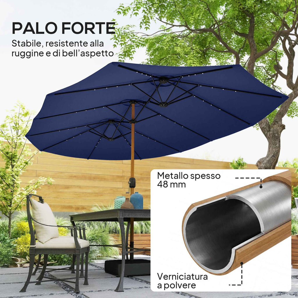 Outsunny 12-Ribbed Double Umbrella with Crank Handle, Cross Base and Sandbags, 4.7 x 2.8 m, Dark Blue