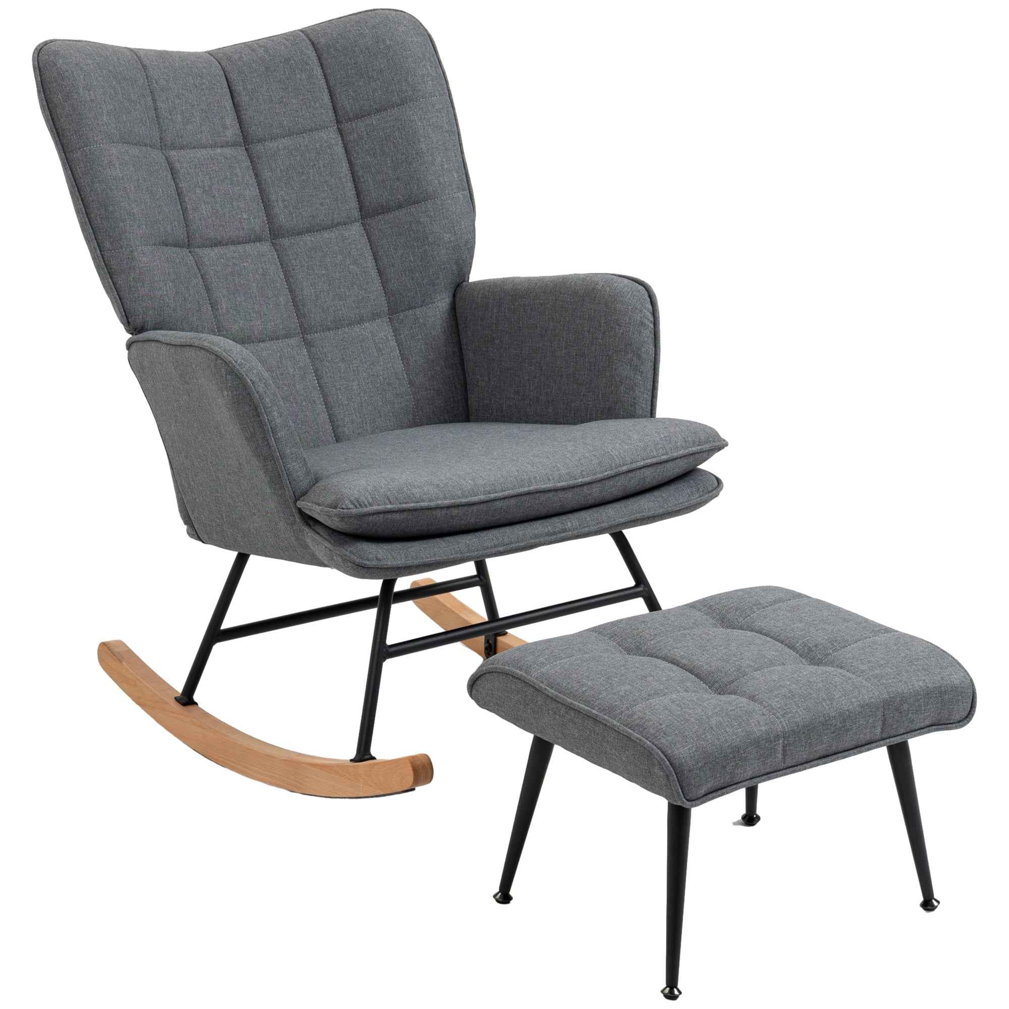 HOMCOM Rocking Chair with Ottoman in Linen and Wood Effect Fabric with Cushion, Armrests, 130 kg Capacity, Grey