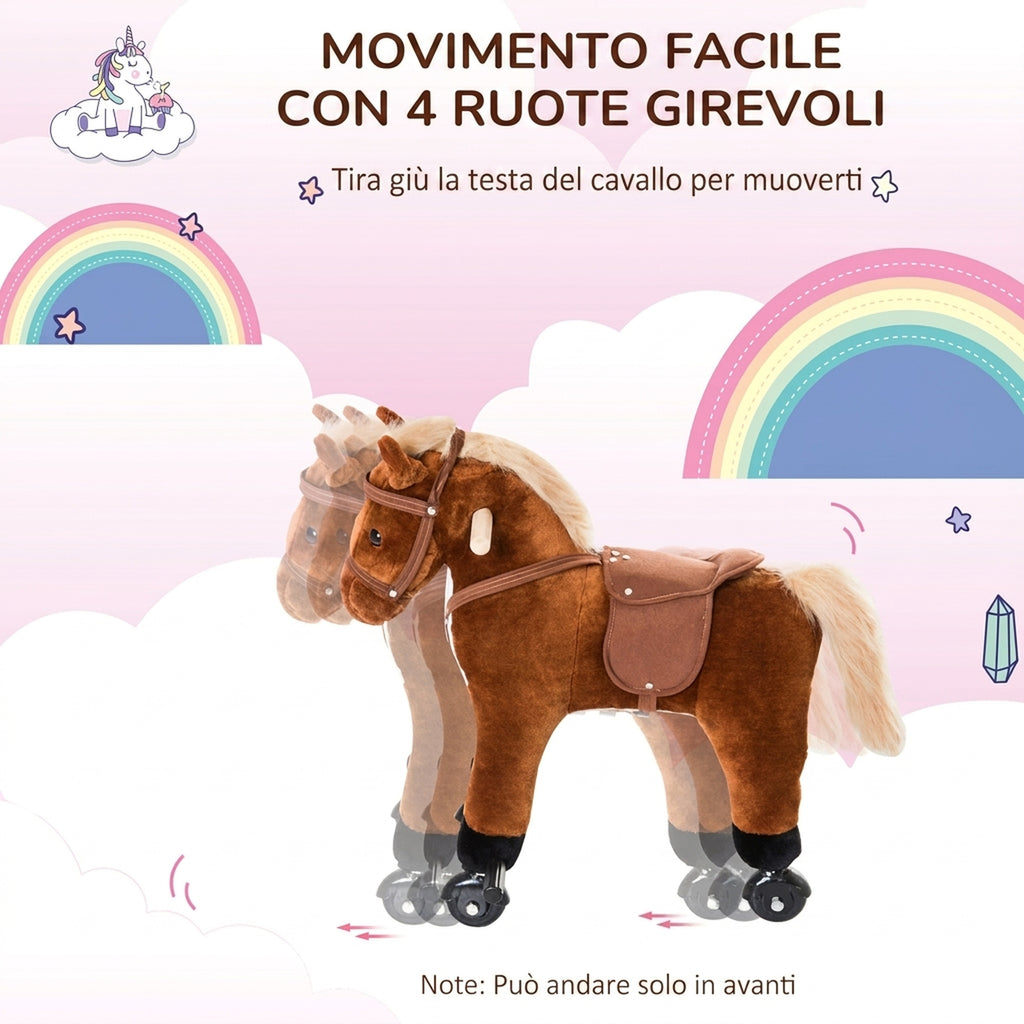 HOMCOM Ride-On Horse for Children 2+ Years with 4 Wheels, Sounds, Footrest, 60 kg Capacity, 55x23x60cm, Brown