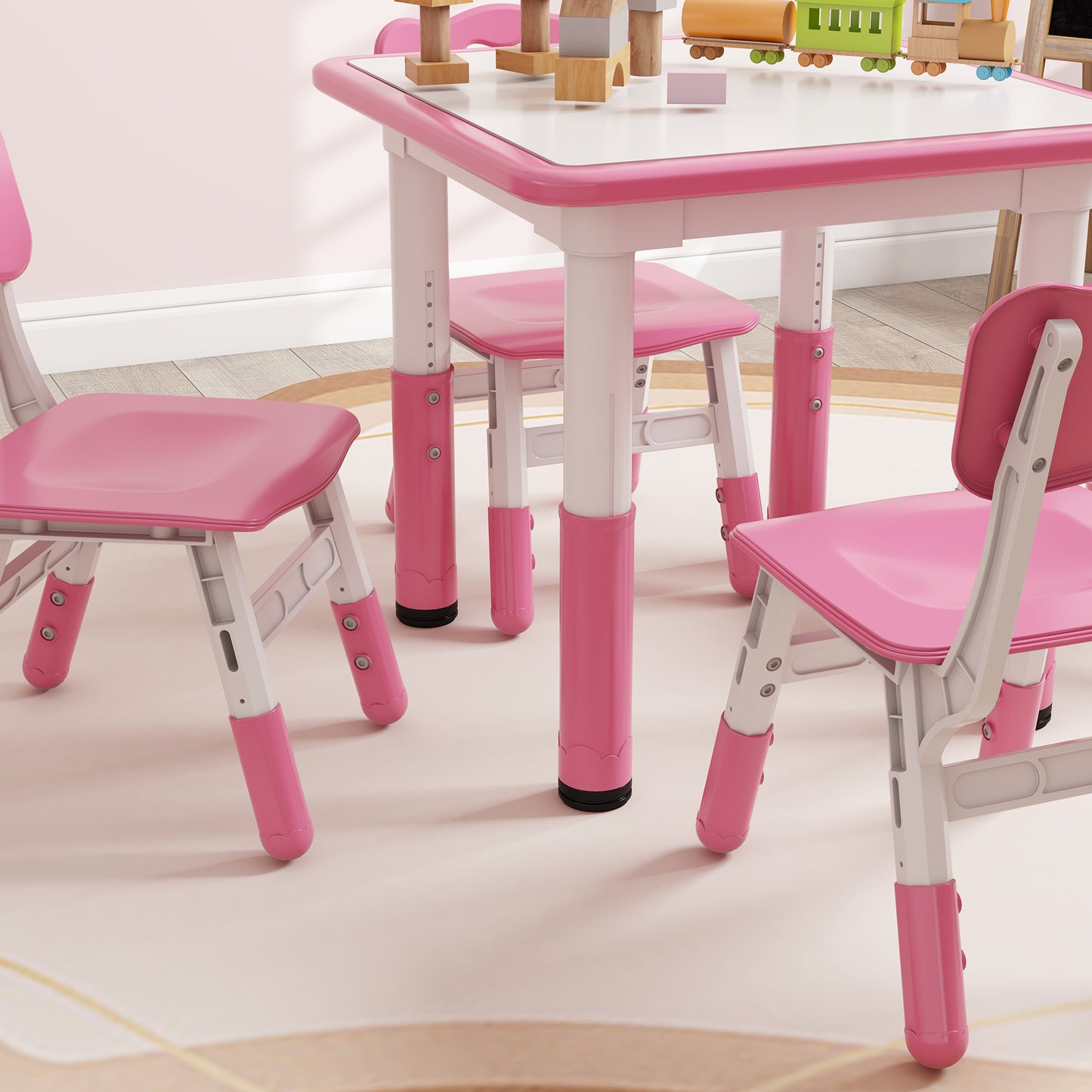 Children's Table and Chair Set 5pcs with 4 Adjustable Chairs 32x36x52. 5-56 cm and Table 60x60x46-58 cm, Pink