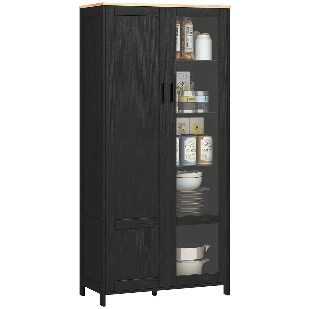 Wooden Kitchen Pantry Cabinet with 9 Adjustable Shelves with Glass Doors, 76x36x160 cm, Black and Wood color