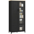 Wooden Kitchen Pantry Cabinet with 9 Adjustable Shelves with Glass Doors, 76x36x160 cm, Black and Wood color