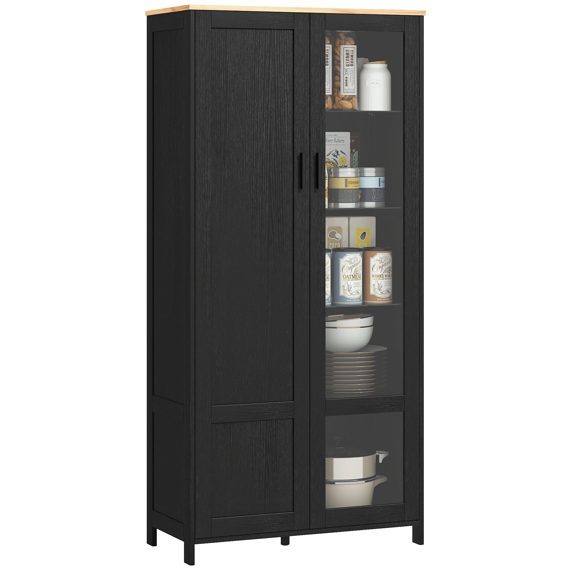 Wooden Kitchen Pantry Cabinet with 9 Adjustable Shelves with Glass Doors, 76x36x160 cm, Black and Wood color