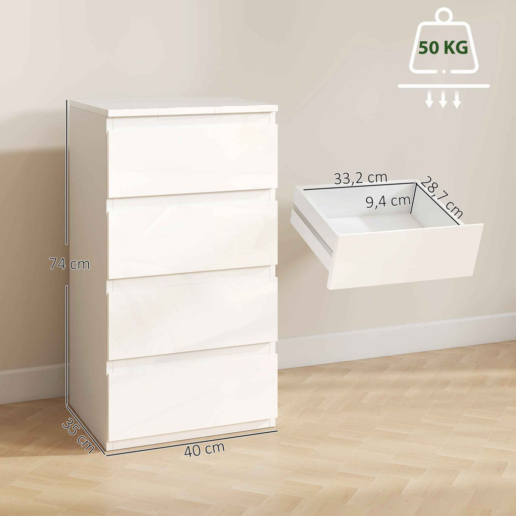 HOMCOM Space-Saving 4-Drawer Wooden Chest of Drawers, 40x35x74 cm, Glossy White