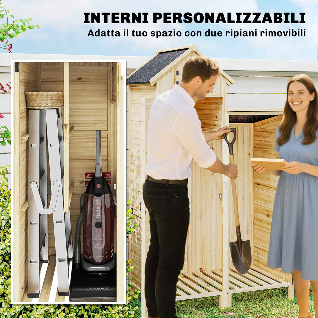 Outsunny 2-Zone Tool Shed with Adjustable Shelves and Window, Fir Wood, 106x57x167 cm, Wood Color