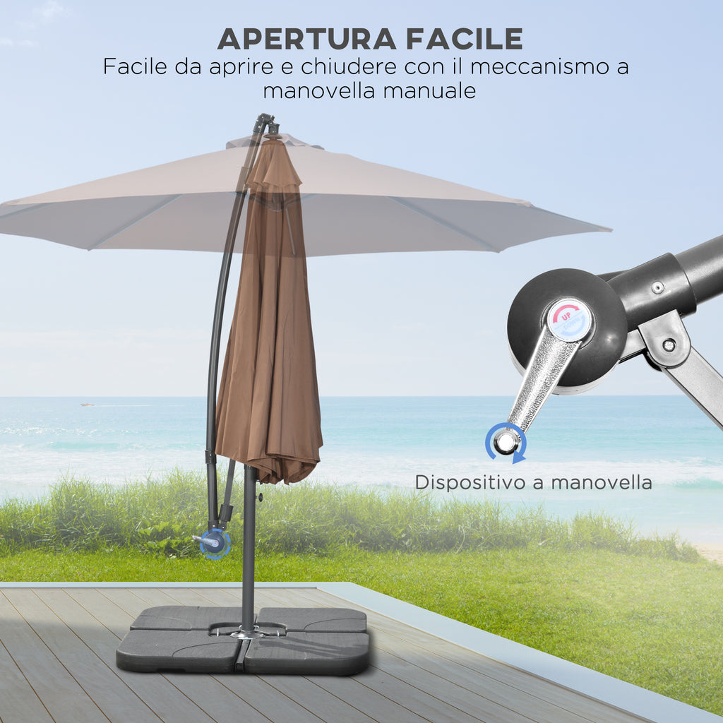 Decentralized Umbrella with 6 Ribs with Crank and Cross Base, in Metal and Polyester, Ø292x247 cm, Coffee