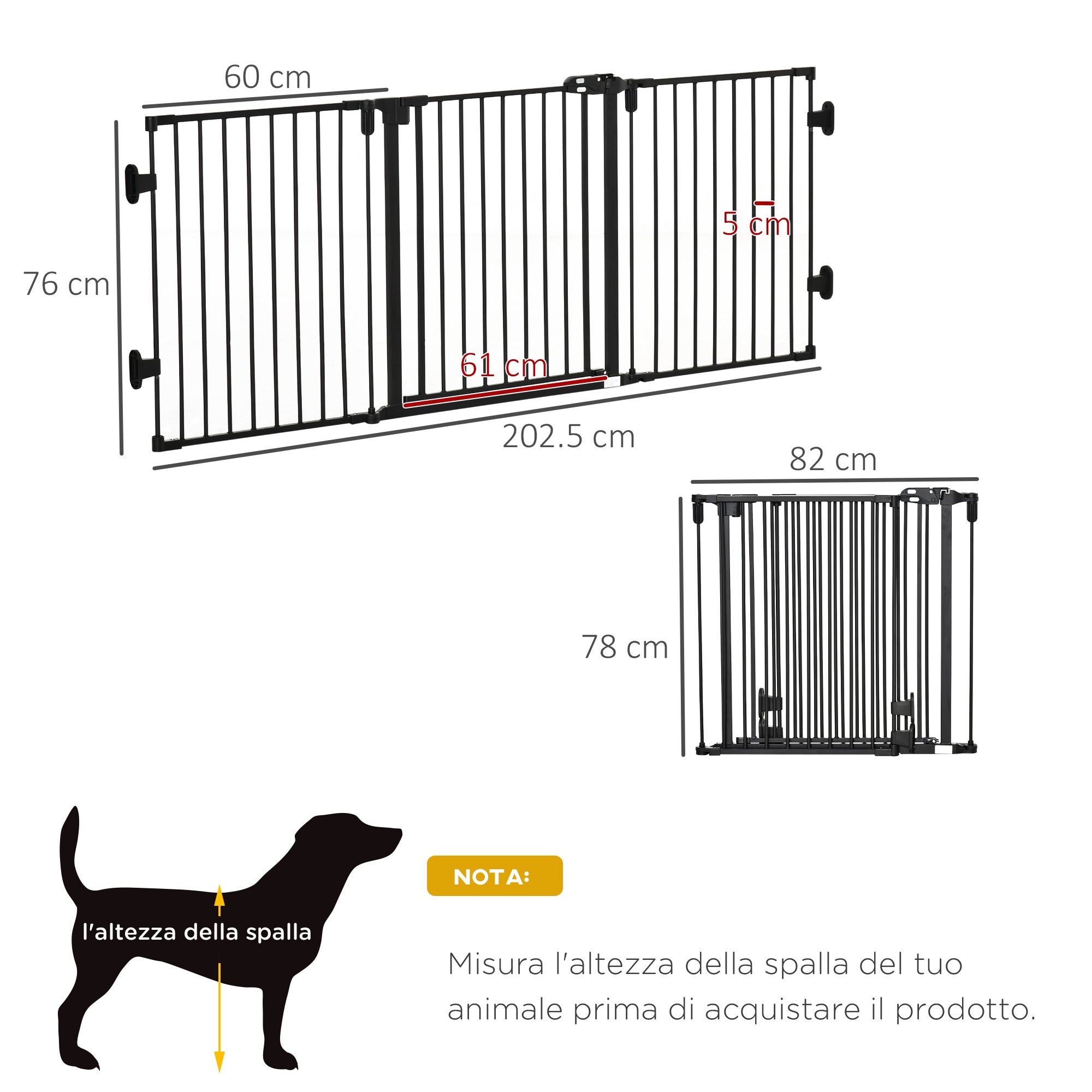 Folding Steel Dog Gate with Automatic Closure, 202.5 x 2 x 76 cm, Black