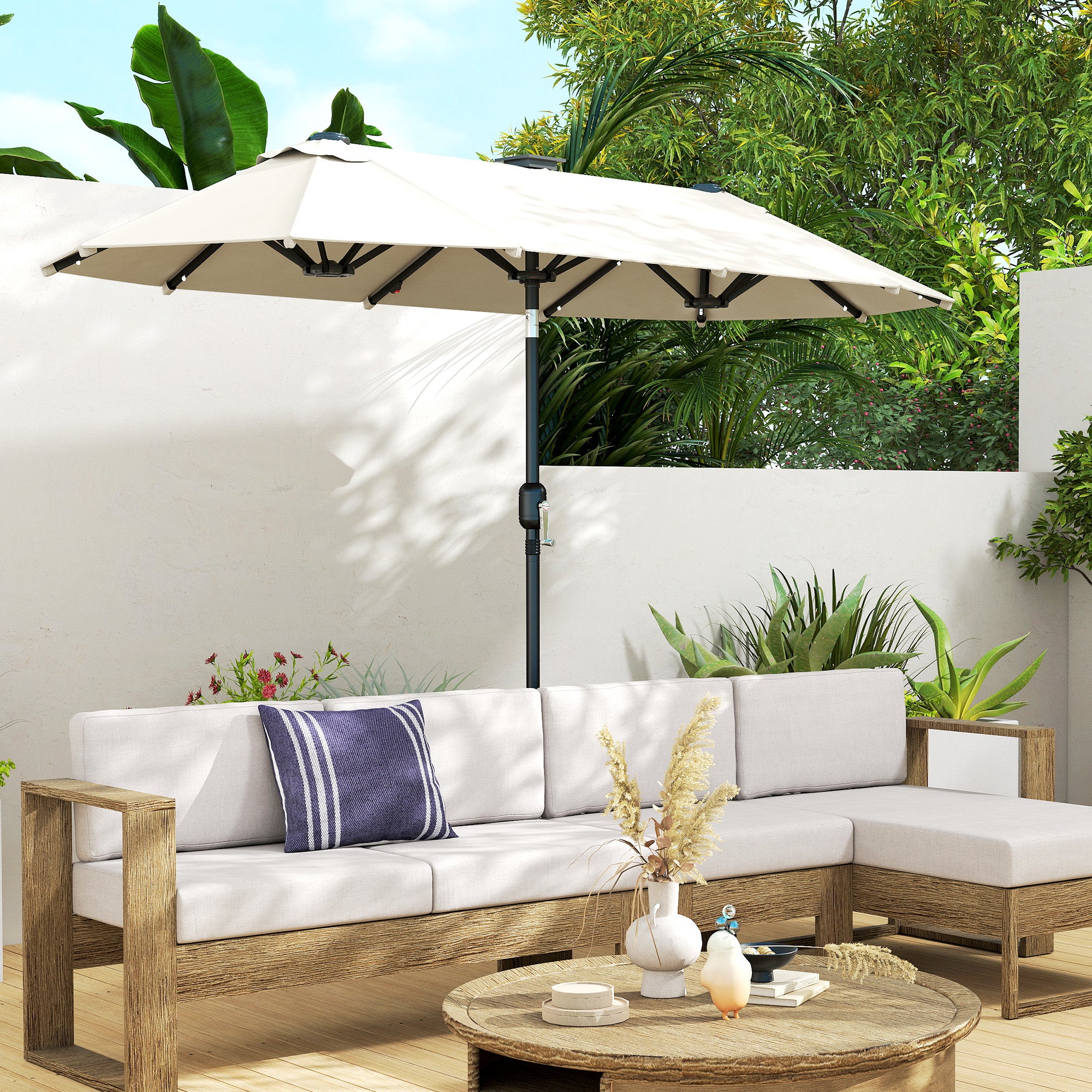 Outsunny Double Umbrella with LED Lights and Crank Handle, in Polyester and Steel, 2.92 x 1.5 x 2.2 m, Beige