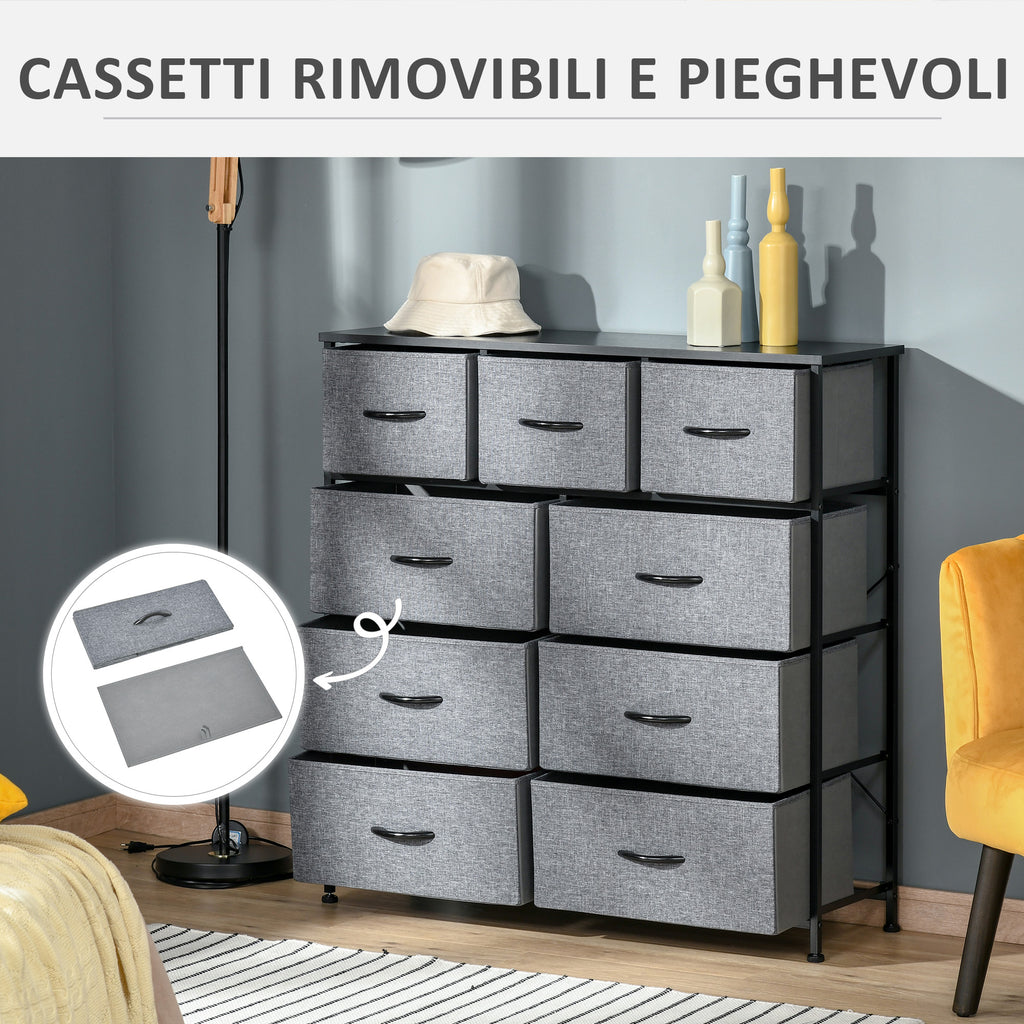 Chest of Drawers with 9 Folding Fabric Drawers and Steel and Wood Frame, 100x30x100cm, Black and Grey