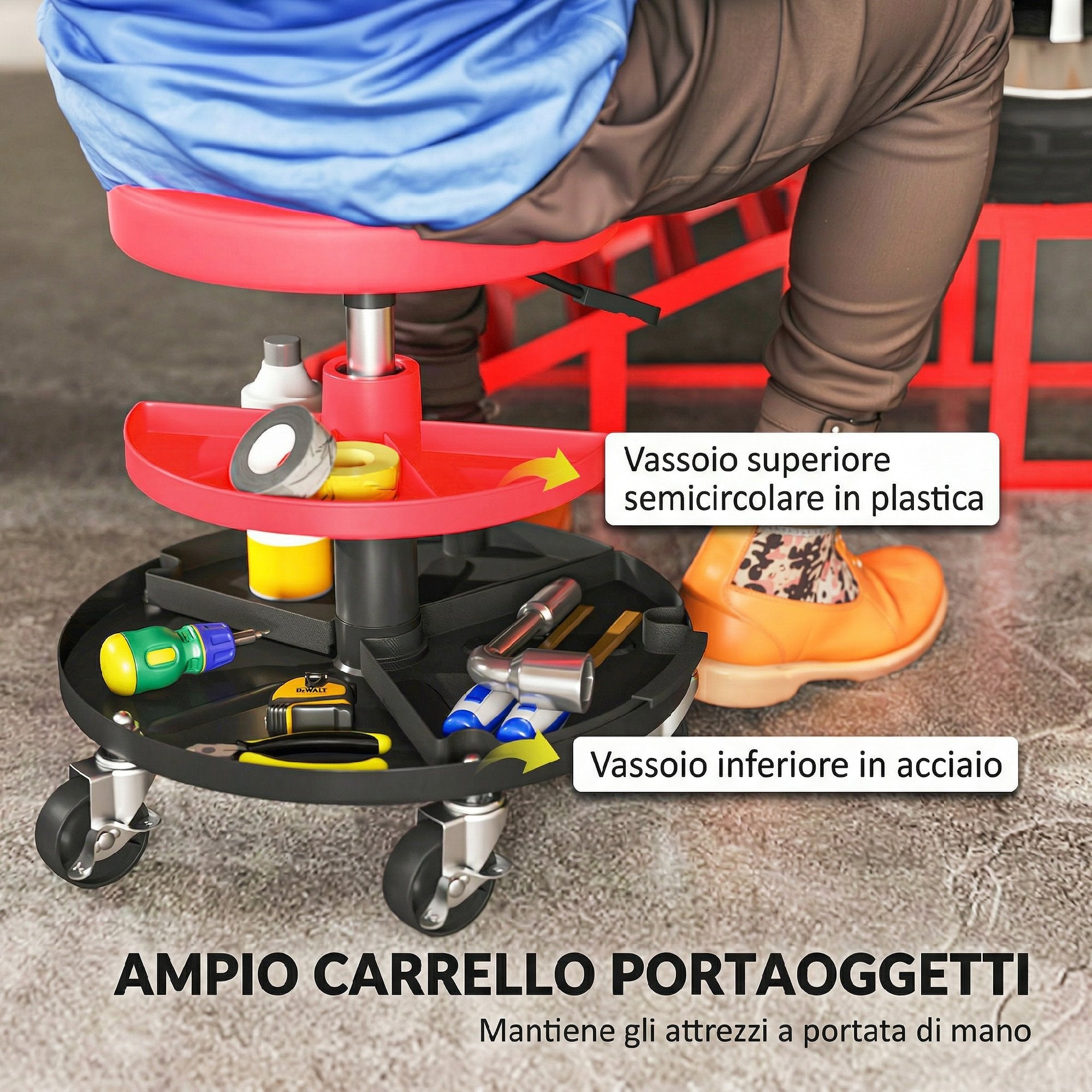 HOMCOM Workshop Stool with 6cm Wheels, Capacity up to 135kg, Adjustable Height 40-51cm, with Tool Trays, Red
