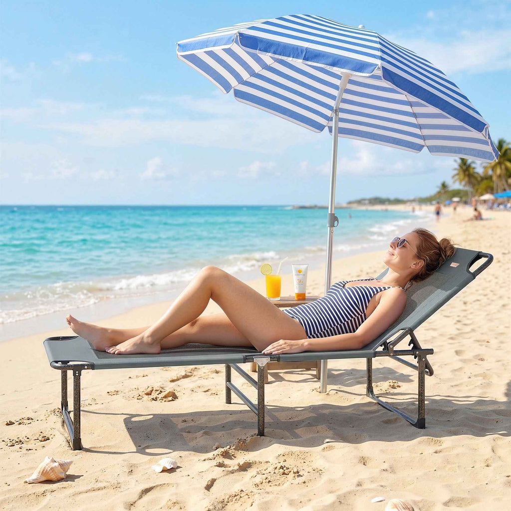 Outsunny 4-Position Reclining Outdoor Lounger, Folding Chair with Handle, Grey.