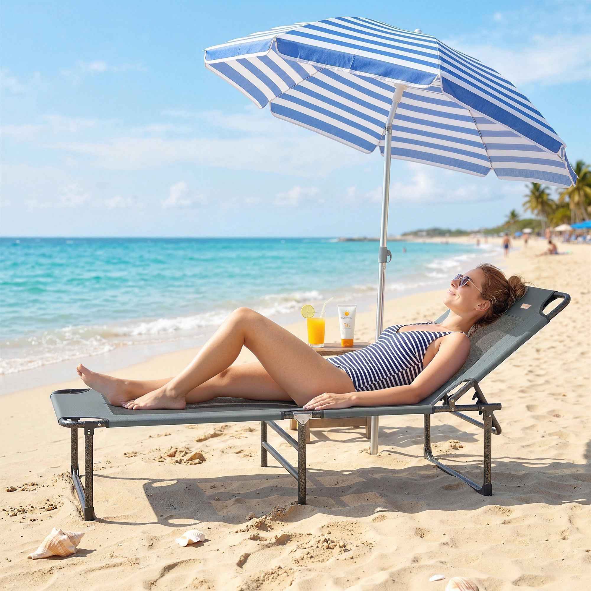 Outsunny 4-Position Reclining Outdoor Lounger, Folding Chair with Handle, Grey.