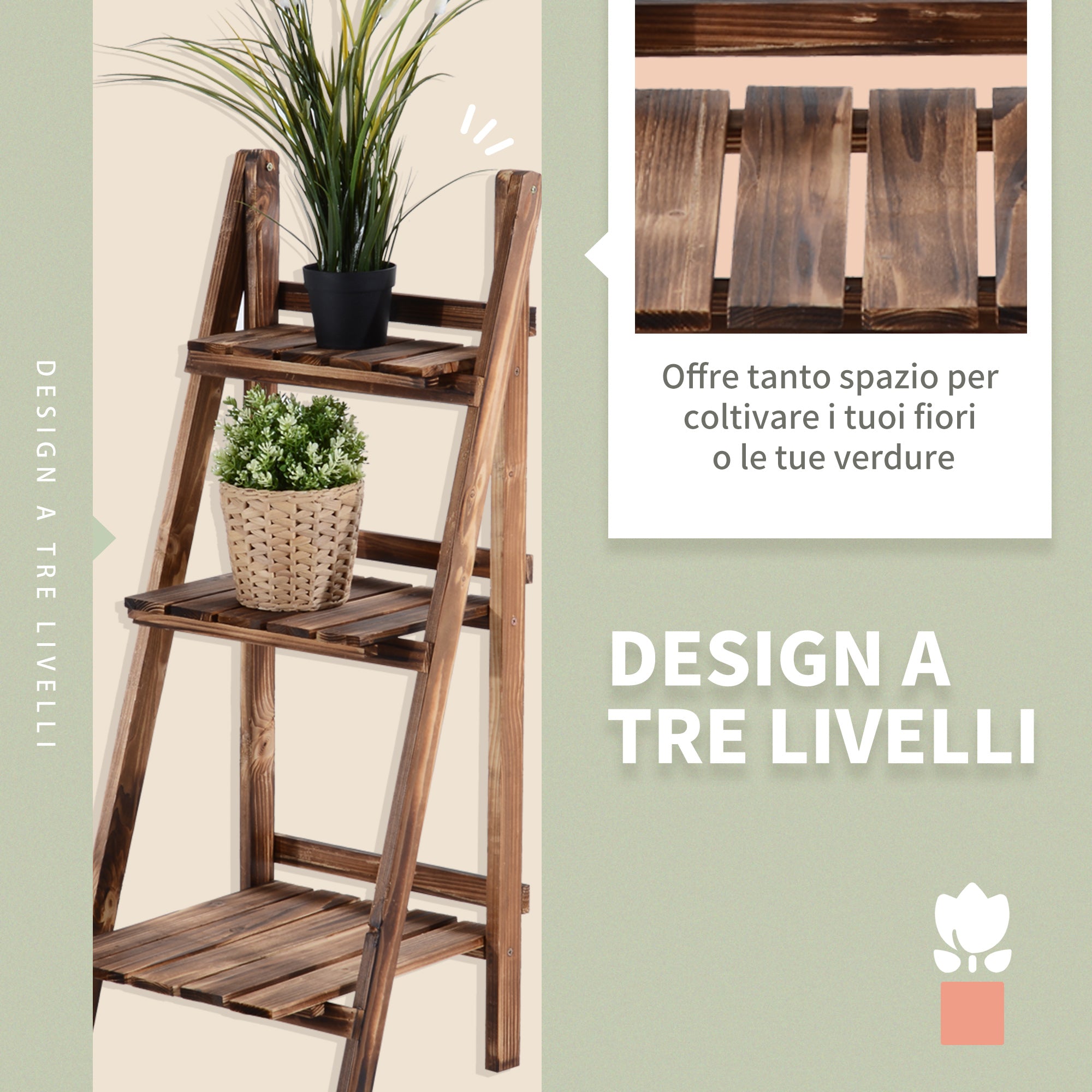 Folding Plant Stand in Fir Wood with 3 Tiers Outdoor Shelf for Plants Flower Racks 80x37x93cm